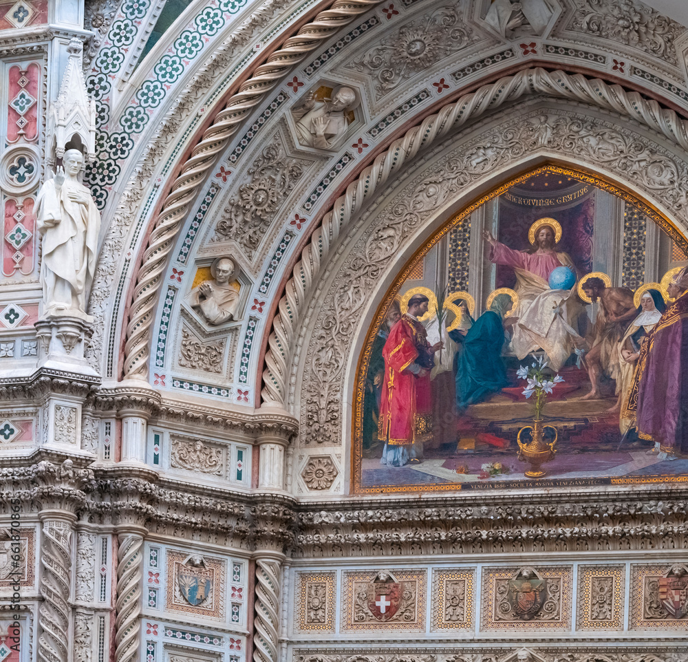 Details of the exterior of the di Santa Maria del Fiore or Cathedral of Saint Mary of the Flower - the main church of Florence, Tuscany, Italy.