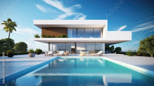 Modern white house exterior with swimming pool   © Fly Frames