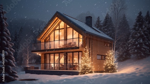 Modern wooden house in the mountain decorated Christmas illumination. Christmas and New Year holiday concept. photo