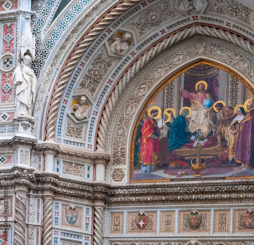 Details of the exterior of the di Santa Maria del Fiore or Cathedral of Saint Mary of the Flower - the main church of Florence, Tuscany, Italy.