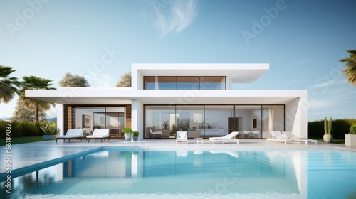 Modern white house exterior with swimming pool 