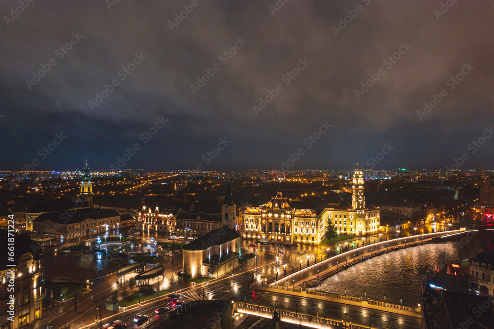 Oradea romania tourism aerial a stunning nighttime view of a historic European city from a rooftop