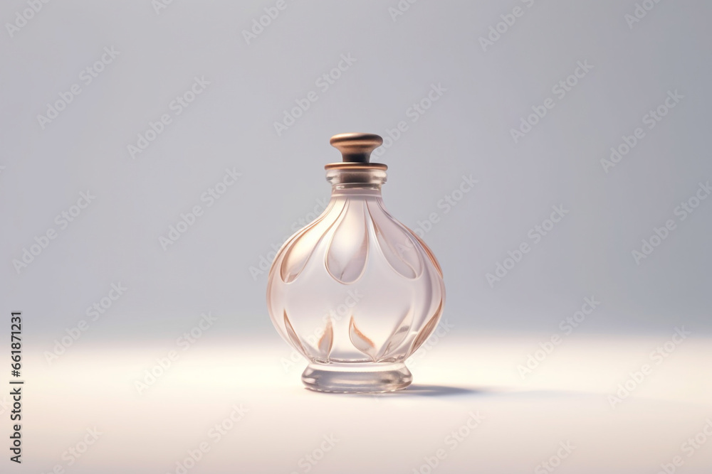 Beautiful transparent, blank and fancy perfume bottle on plain background with copy space. Generative AI Beautiful transparent, blank and fancy perfume bottle on plain background with copy space. Generative AI