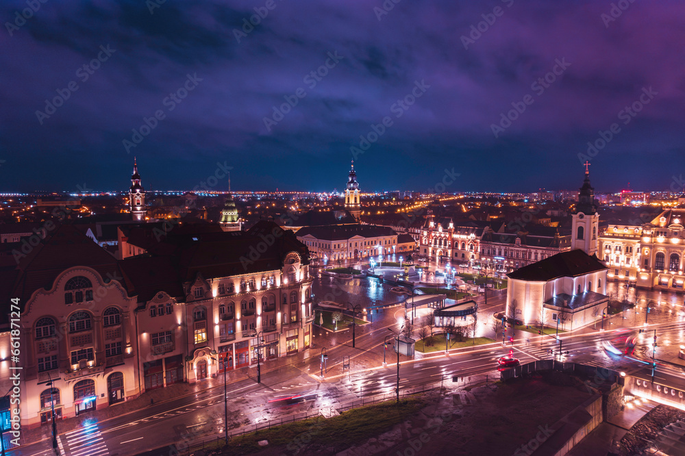 Oradea romania tourism aerial a stunning nighttime cityscape showcasing the historic attractions and heritage of Europe