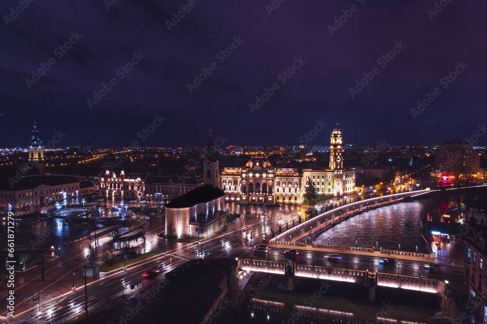 Oradea romania tourism aerial a mesmerizing night skyline of a historic European city with its iconic attractions illuminated