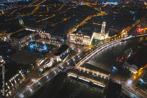 Oradea romania tourism aerial a stunning aerial view of a historic European city illuminated at night © Damian