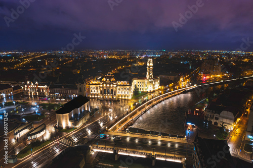 Oradea romania tourism aerial a stunning aerial view of a European city illuminated at night, showcasing its rich heritage and historic attractions