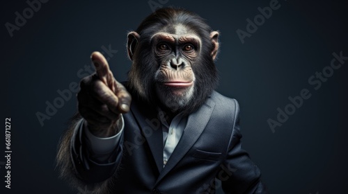 Monkey wearing suit and pointing to copy space