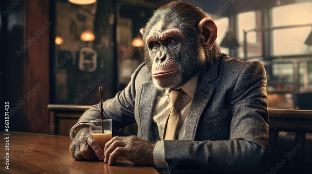 Monkey wearing a suit in restaurant Monkey wearing a suit in restaurant