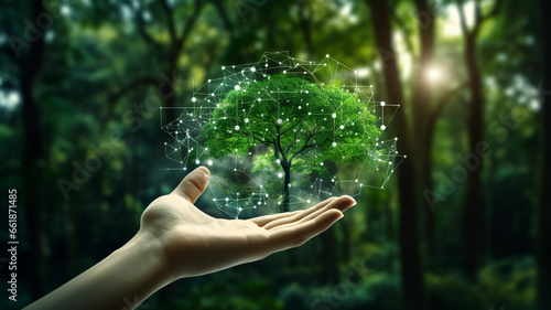 hand holding with environment icons or globe over the Network connection on green background photo