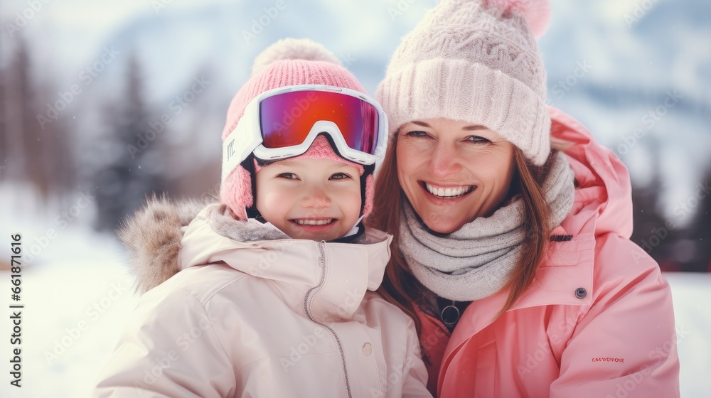 Fototapeta premium Mother with daughter smiling at a ski resort in pink winter clothes