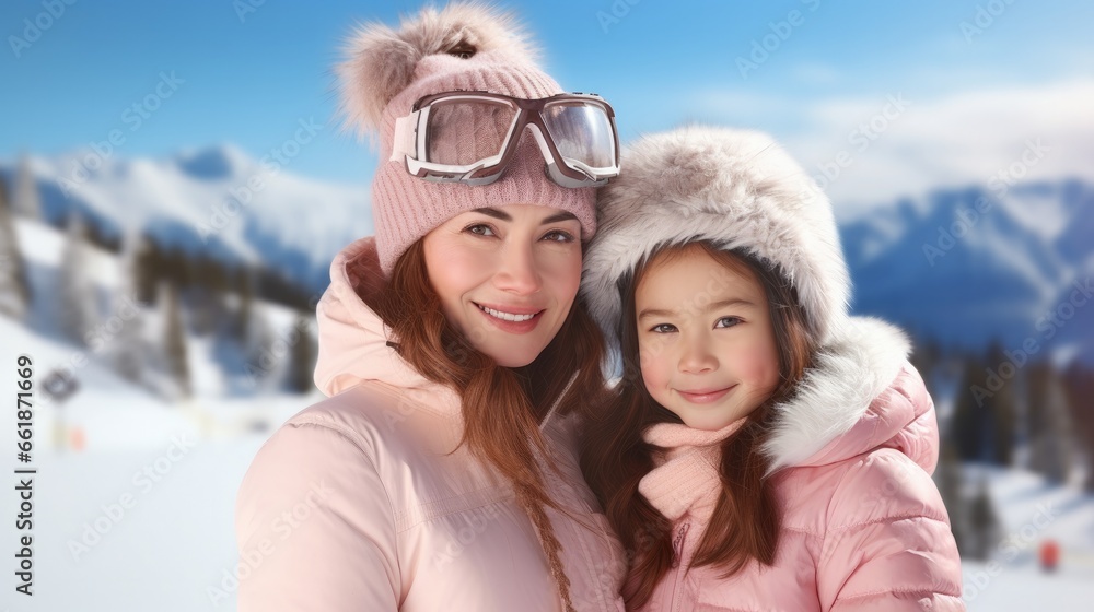 Mother with daughter smiling at a ski resort in pink winter clothes