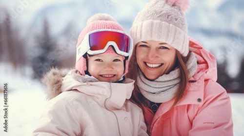 Mother with daughter smiling at a ski resort in pink winter clothes © Fly Frames