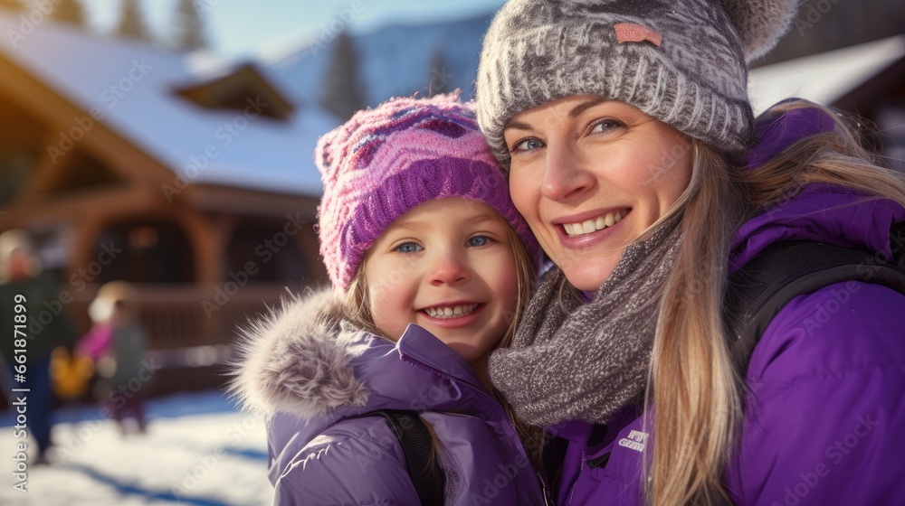 Mother with daughter smiling at a ski resort in purple winter clothes - obrazy, fototapety, plakaty 
