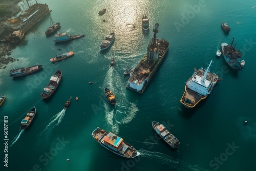 Aerial view of naval ships and fishing boat in sea bay. Generative AI © Eamon