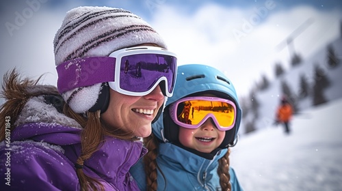 Mother with daughter smiling at a ski resort in purple winter clothes