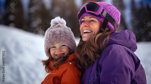 Mother with daughter smiling at a ski resort in purple winter clothes