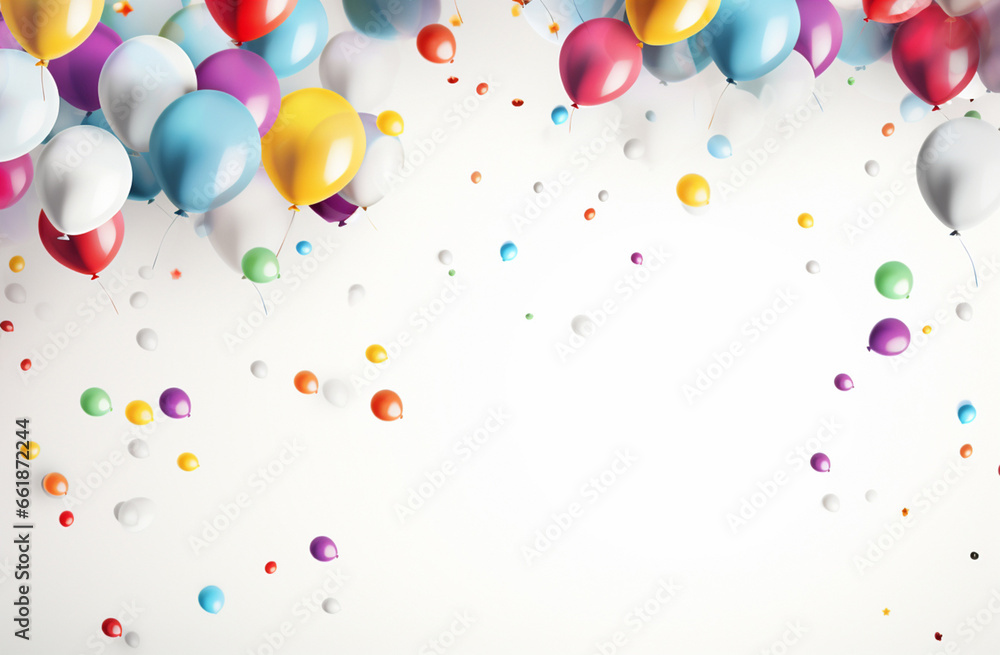 Illustrated balloons create a vibrant and dynamic backdrop, set against a pristine white background. Generative AI.