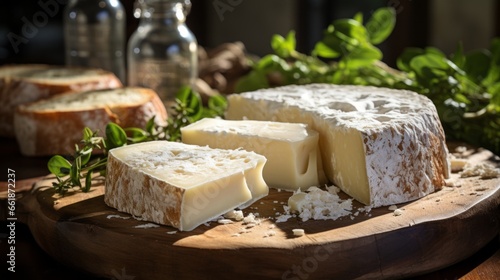 Italian cheese collection, matured pecorino romano hard cheese made from sheep melk, Italian pecorino cheese on a wooden rustic display photo