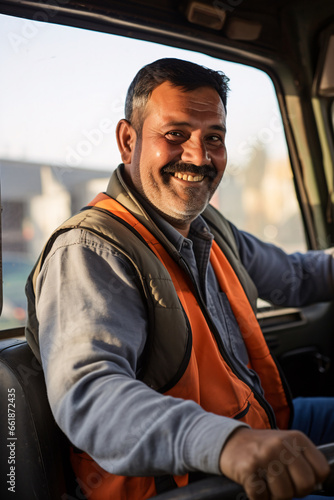 Behind the Wheel, Joy in Motion  Happy Professional Truck Driver Navigating Roads with a Smile © Saran