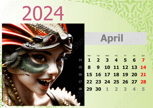 Calendar 2024 with girl-dragons head. Week start from Monnday.