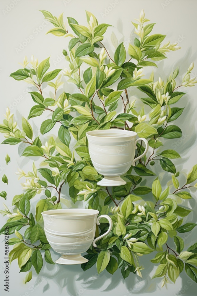 A painting of two cups and a plant on a wall. AI image. A painting of two cups and a plant on a wall. AI image.