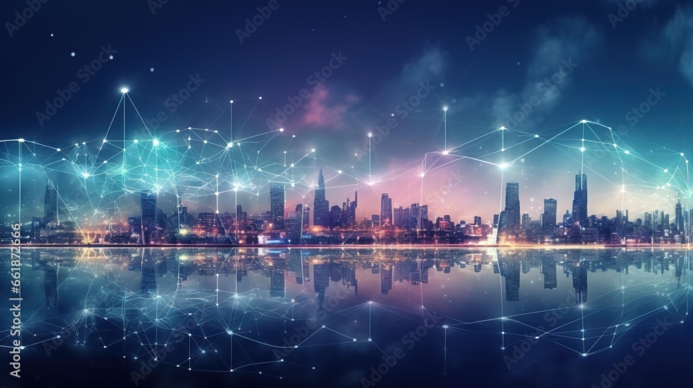 Smart city and abstract dot point connect with gradient line and aesthetic Intricate wave line design , big data connection technology concept .