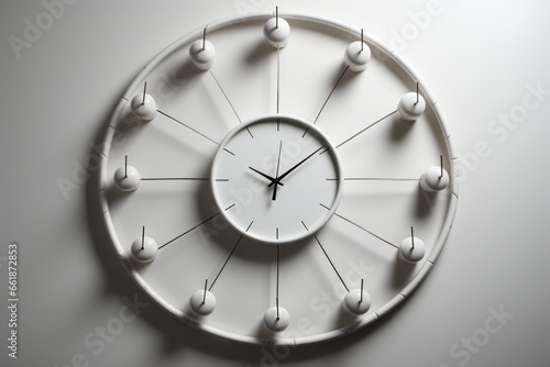 A clock that is on a white wall. AI image.