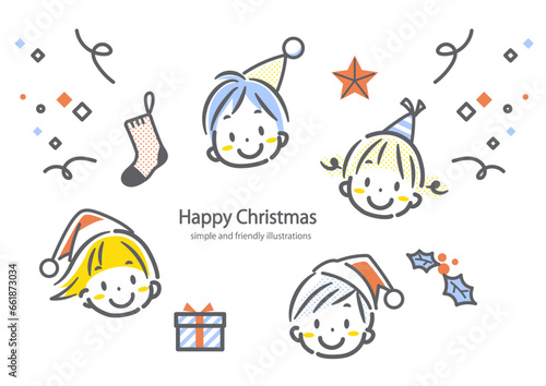 子供たちとクリスマスのあしらいイラストセット　シンプルでお洒落な線画イラスト