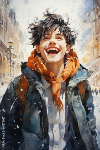 A painting of a boy laughing in the snow. AI image.