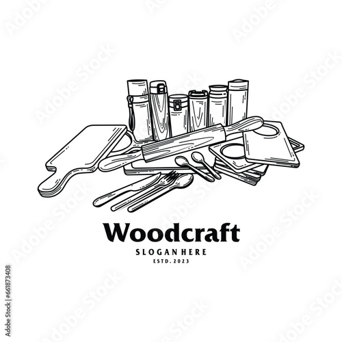 illustration of a set of wooden craft kitchen and restaurant tools Retro Vintage Line Art Logo Design
