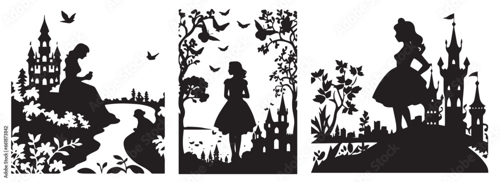 A girl in a fairy-tale scenery, vector illustration silhouette laser cutting black and white shape - obrazy, fototapety, plakaty 