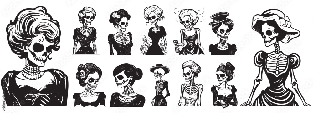 Skeleton woman, halloween reaper, vector illustration silhouette laser cutting black and white shape