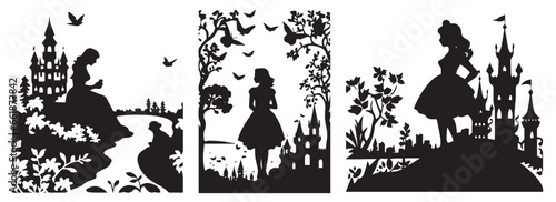 A girl in a fairy-tale scenery, vector illustration silhouette laser cutting black and white shape