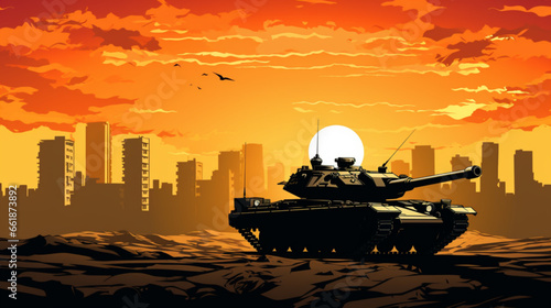 Silhouette of Merkava tank at sunset vector image