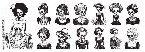 Fototapeta Naklejka Na Ścianę i Meble -  Skeleton woman, halloween reaper, vector illustration silhouette laser cutting black and white shape