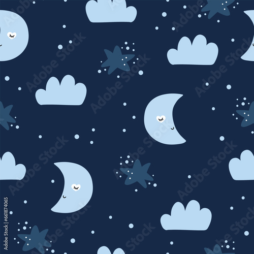 Seamless childish pattern with moons, clouds, stars.