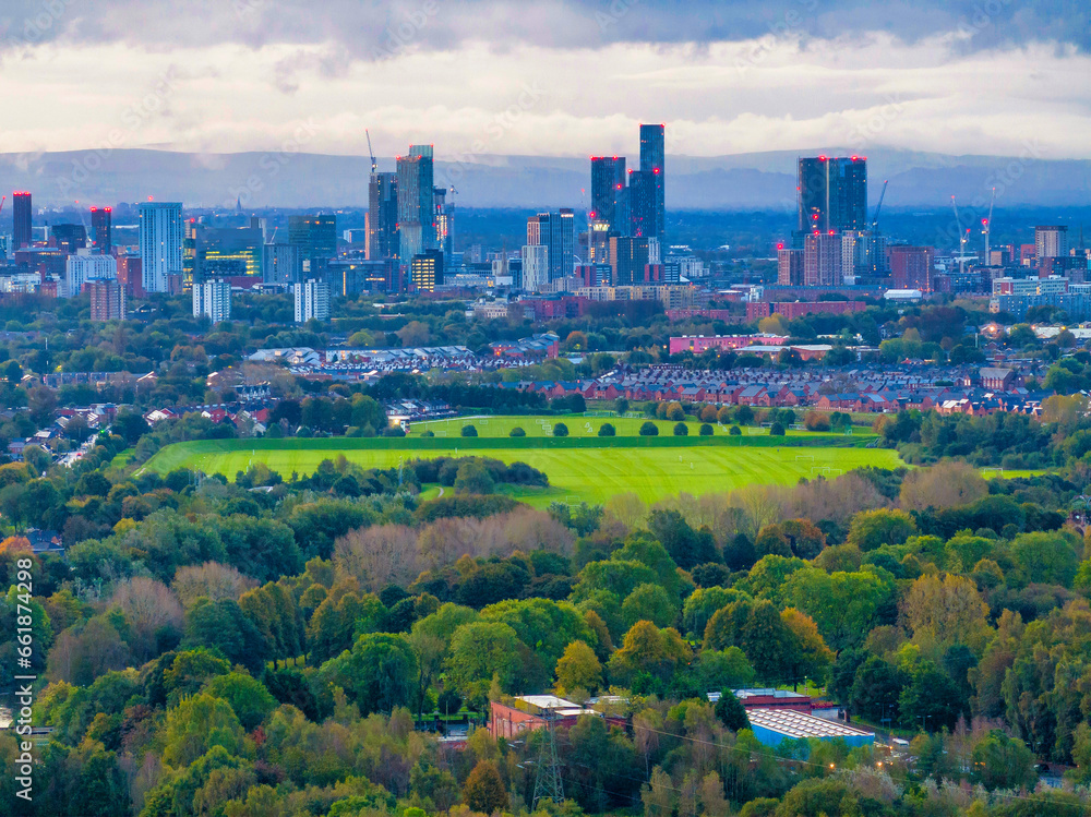 Panoramic aerial photo of Manchester Skyline taken from Drink Water Park, Prestwich