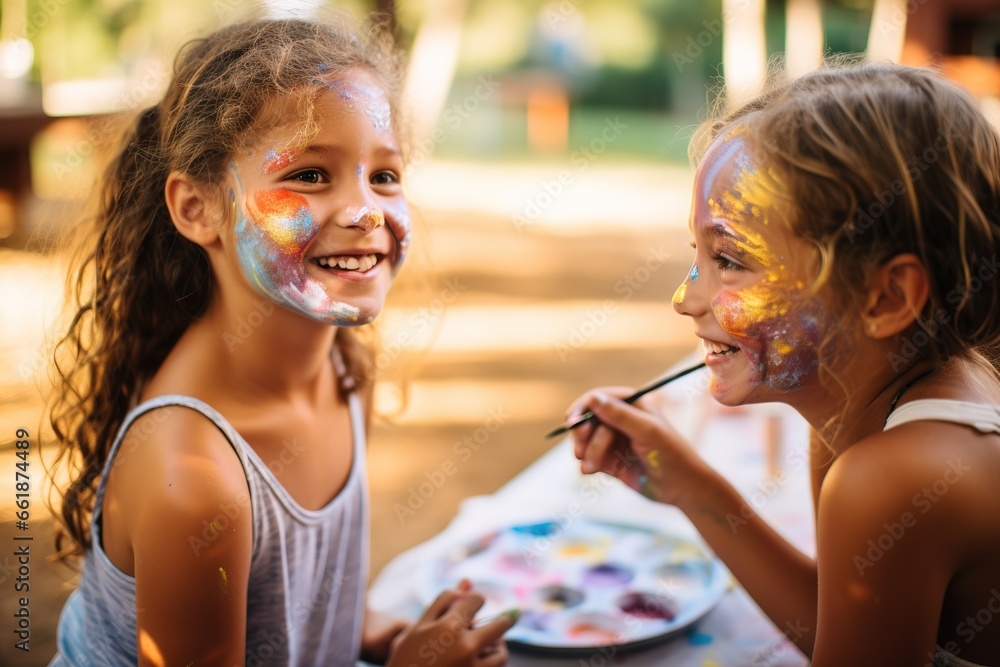 Kinder bemalen sich mit bunter Farbe. Fröhliche und beschmierte Kleinkinder beim Malen mit Tusche. Malfarben im Gesicht und auf der Kleidung.