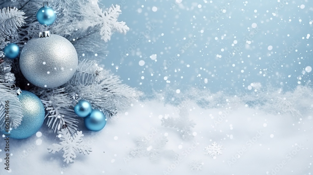 Hintergrund für Weihnachten mit Winter-Stimmung. Tannenzweig mit blauen Weihnachtskugeln und Schnee. Viel Platz für Text oder Produkte auf der rechten Seite. Hintergrund für Weihnachten mit Winter-Stimmung. Tannenzweig mit blauen Weihnachtskugeln und Schnee. Viel Platz für Text oder Produkte auf der rechten Seite.