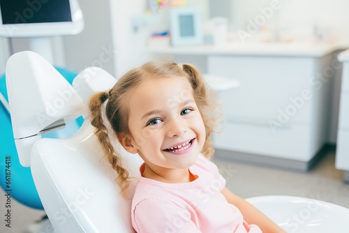 Mädchen lächelt beim Zahnarzt im Zahnarztstuhl. Kind als Patient beim Kieferorthopäden zeigt ihre Zähne und ist fröhlich positiv eingestellt in der Zahnarztpraxis. photo