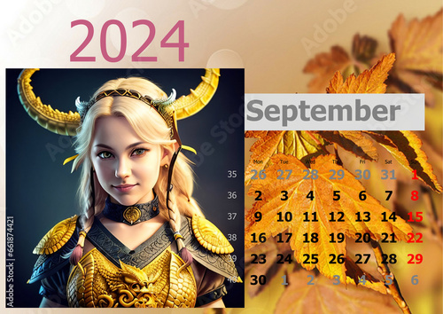 Calendar 2024 with girl-dragons head. Week start from Monnday.