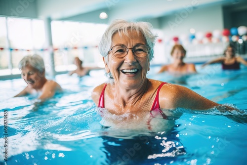 Seniorenschwimmen in der Schwimmhalle. Glückliche Rentner beim sportlichen Schwimmen in der Halle. Aquafitness und Wassergymnastik mit Aktivität und Bewegung im Alter. photo