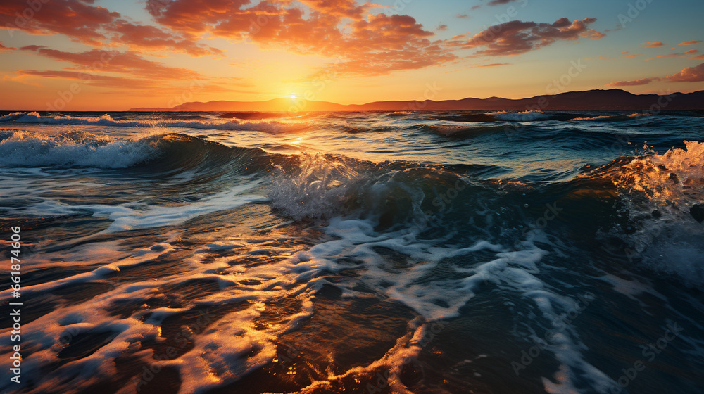 Ocean Waves at Sunset: A breathtaking view of the sun setting over the tranquil ocean, casting golden hues across the waves.
