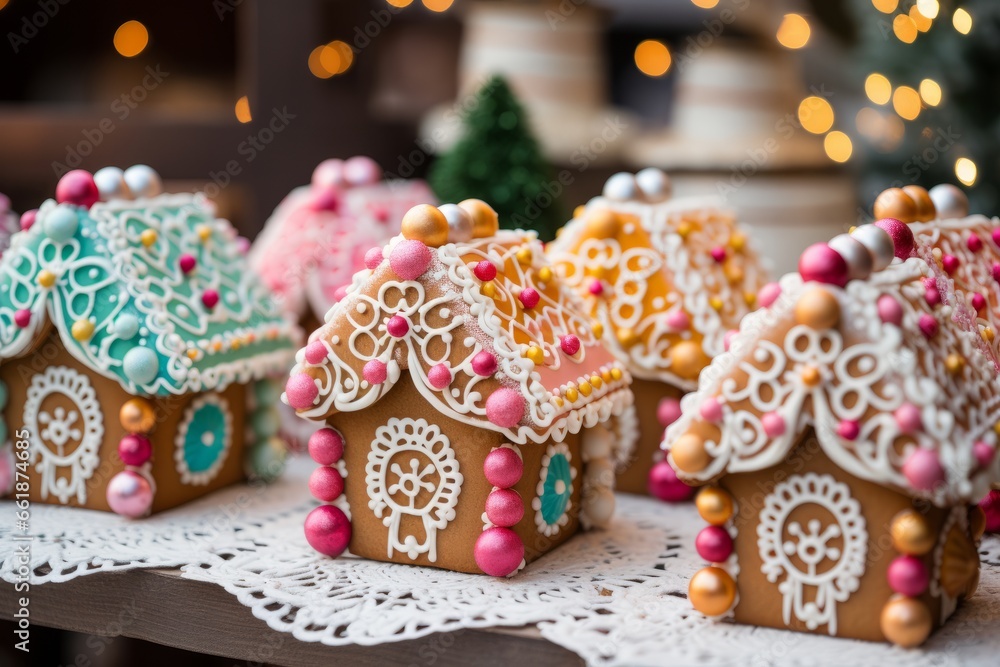 Photo of these gingerbread House Delights: Explore these whimsical and delectable gingerbread houses adorned with a delightful array of candies and intricate icing designs. Created with generative AI 
