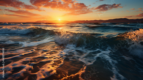 Ocean Waves at Sunset: A breathtaking view of the sun setting over the tranquil ocean, casting golden hues across the waves.