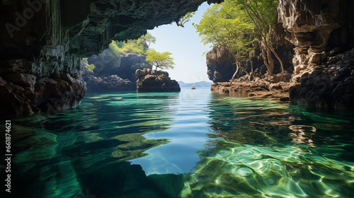 Hidden Ocean Grotto: Crystal-clear waters surround a hidden grotto, where rays of sunlight pierce through the rocky entrance. © Наталья Евтехова