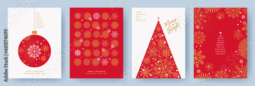 Merry Christmas and Happy New Year Set of greeting cards, posters, holiday covers. Xmas Design with beautiful snowflakes in modern line art style on red background. Christmas tree, border frame, decor