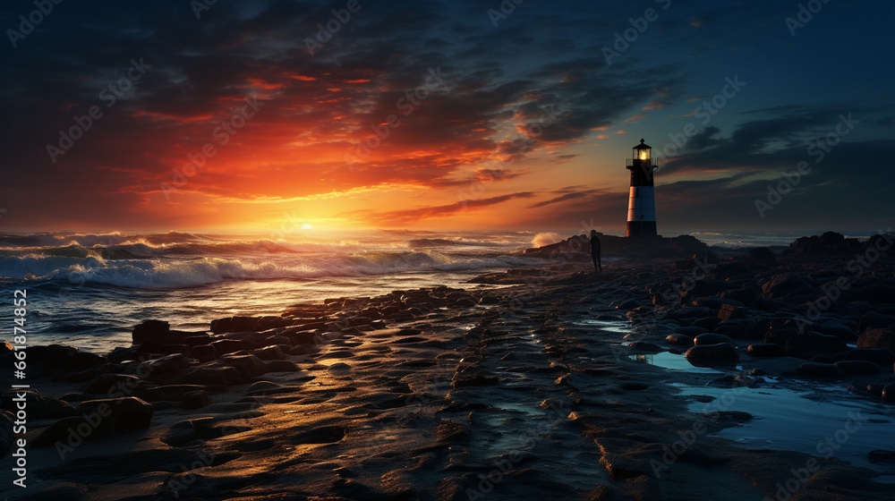 Lighthouse on the Horizon: A distant lighthouse guides ships safely through the dark waters of the night.