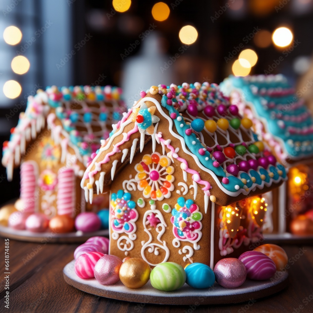 Photo of these gingerbread House Delights: Explore these whimsical and delectable gingerbread houses adorned with a delightful array of candies and intricate icing designs. Created with generative AI Photo of these gingerbread House Delights: Explore these whimsical and delectable gingerbread houses adorned with a delightful array of candies and intricate icing designs. Created with generative AI